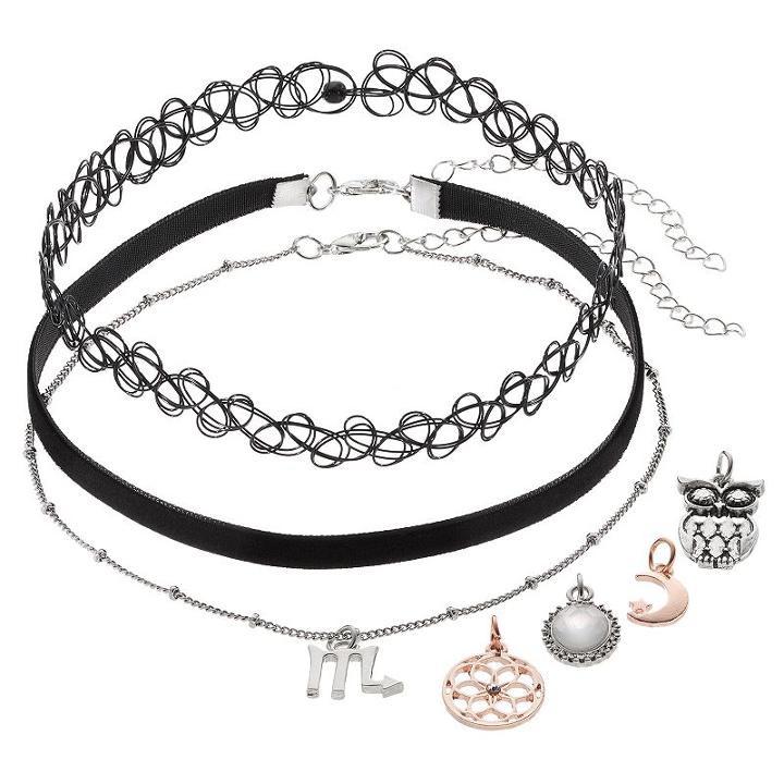 Mudd&reg; Scorpio, Owl & Crescent Interchangeable Charm Choker Necklace Set, Women's