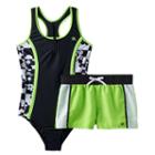 Girls Plus Size Zeroxposur Geometric Colorblock One-piece Racerback Swimsuit & Shorts Set, Girl's, Size: 18 1/2, Green Oth