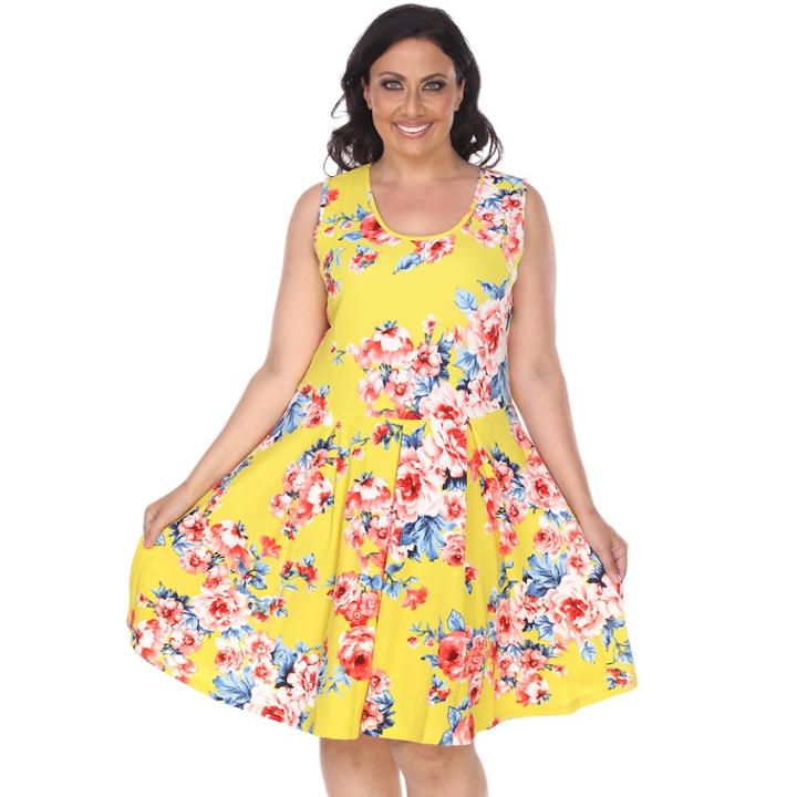 Plus Size White Mark Pleated Fit & Flare Dress, Women's, Size: 3xl, Yellow