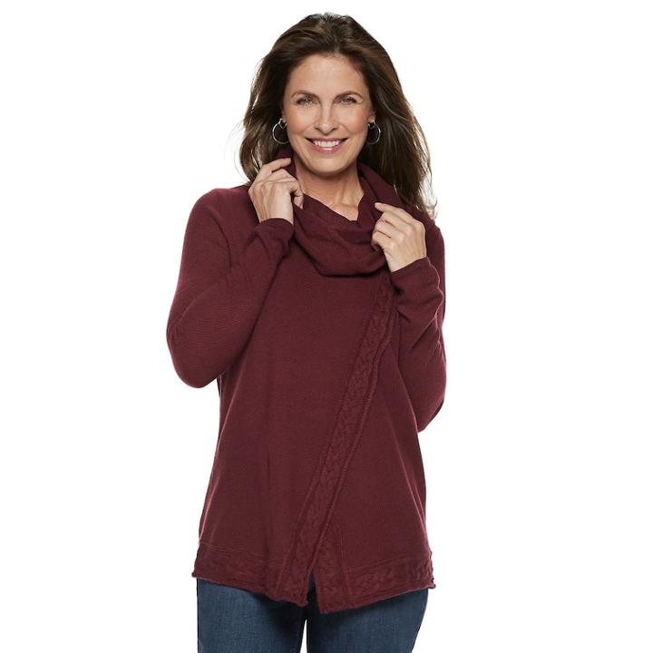 Women's Croft & Barrow&reg; Cable-knit Trim Cowlneck Sweater, Size: Medium, Red Overfl