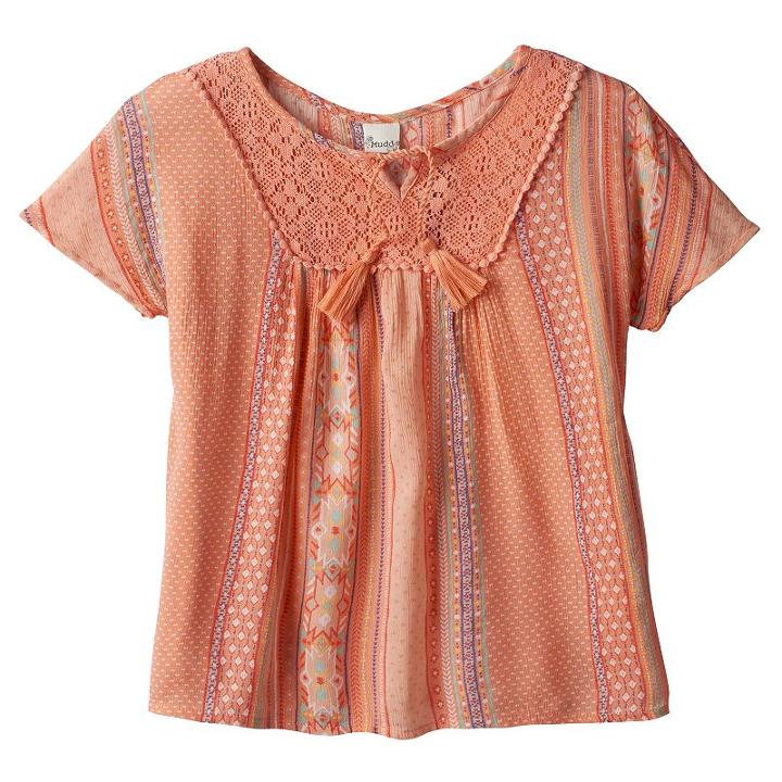 Girls 7-16 & Plus Size Mudd&reg; Foil Print Gauze Peasant Top, Girl's, Size: 14, Lt Orange