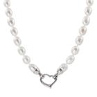 Sterling Silver Freshwater Cultured Pearl Heart Clasp Necklace, Women's, Grey