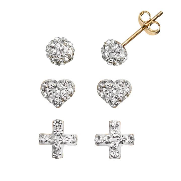Crystal 14k Gold-bonded Sterling Silver Swiss Cross, Heart And Button Stud Earring Set, Women's, White