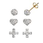 Crystal 14k Gold-bonded Sterling Silver Swiss Cross, Heart And Button Stud Earring Set, Women's, White