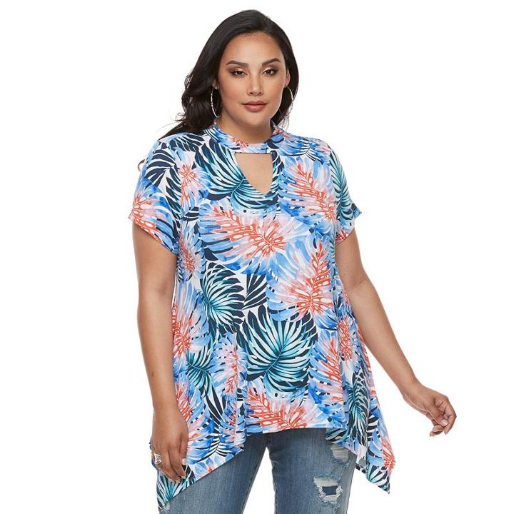 Plus Size Jennifer Lopez Keyhole Sharkbite-hem Top, Women's, Size: 1xl, Med Blue