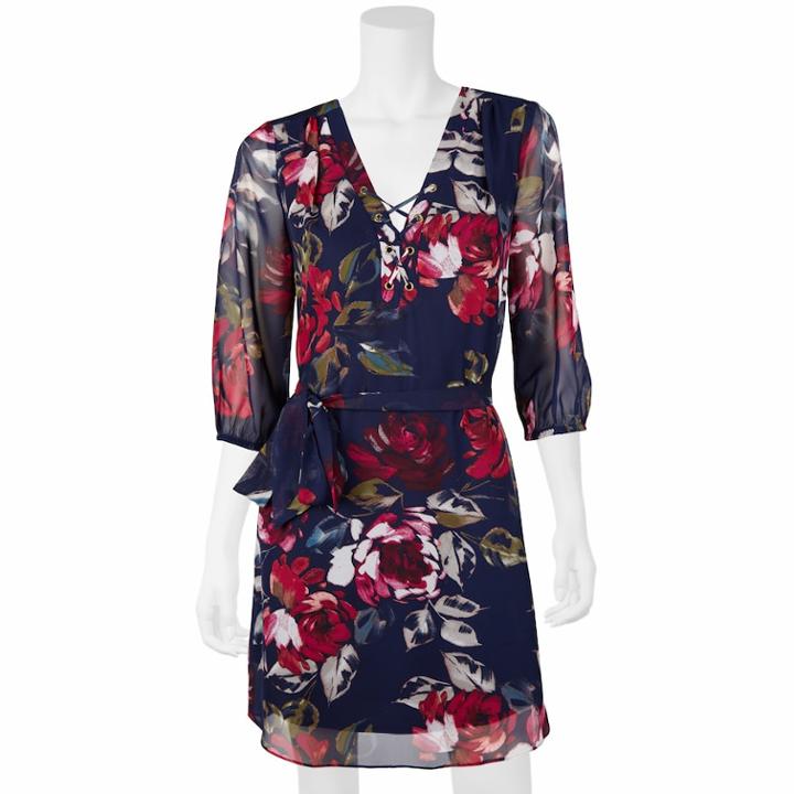 Juniors' Iz Byer Lace-up Shirtdress, Teens, Size: Small, Navy Wine Floral