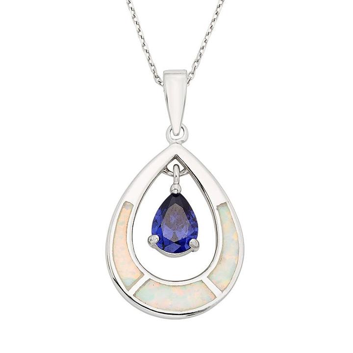 Lab-created Opal & Cubic Zirconia Sterling Silver Teardrop Pendant Necklace, Women's, Size: 18, Blue
