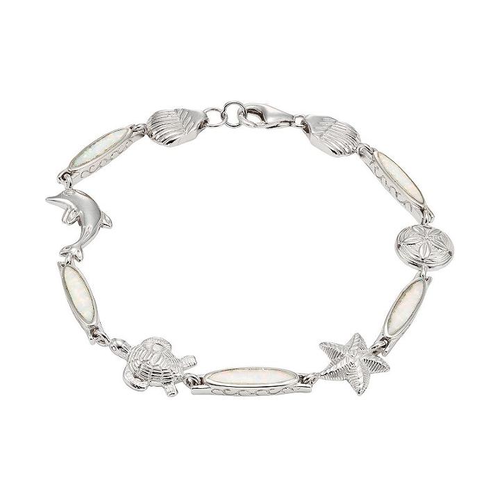 Lab-created Opal Sterling Silver Turtle, Dolphin, Starfish & Seashell Bracelet, Women's, Size: 8, White
