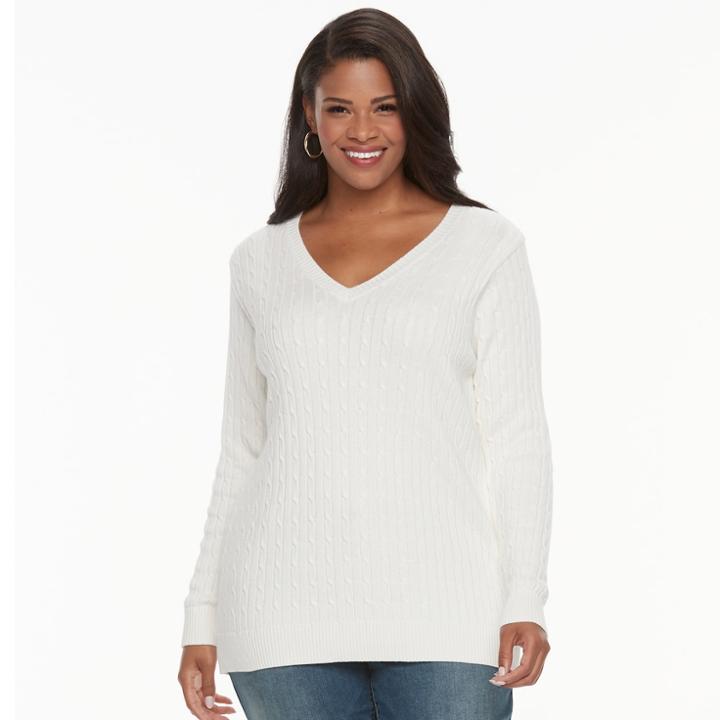 Plus Size Croft & Barrow&reg; Cable-knit V-neck Sweater, Women's, Size: 2xl, White