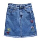 Girls 7-16 Maddie Embroidered Patches Denim Skirt, Size: 7, Blue