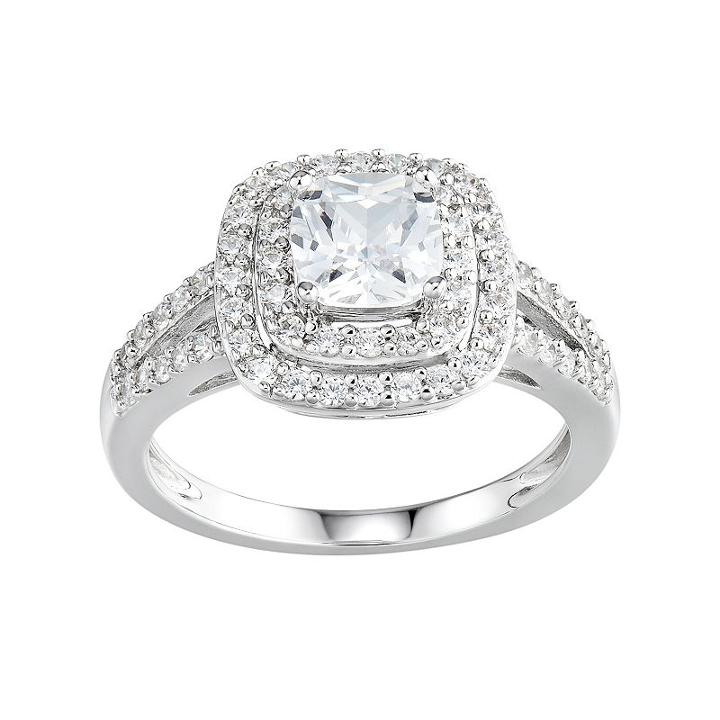 Diamonluxe Simulated Diamond Tiered Halo Engagement Ring In Sterling Silver (1 1/2 Carat T.w.), Women's, Size: 8, White