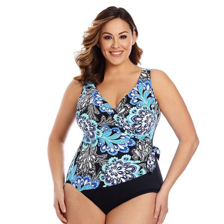 Plus Size Great Lengths Tummy Slimmer Medallion One-piece Swimsuit, Women's, Size: 24, Blue