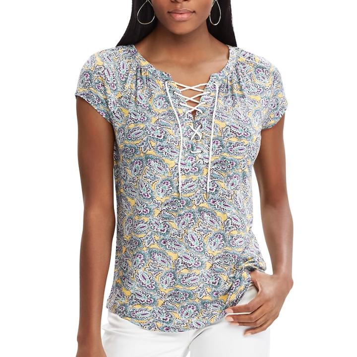 Women's Chaps Print Lace-up Top, Size: Large, Yellow