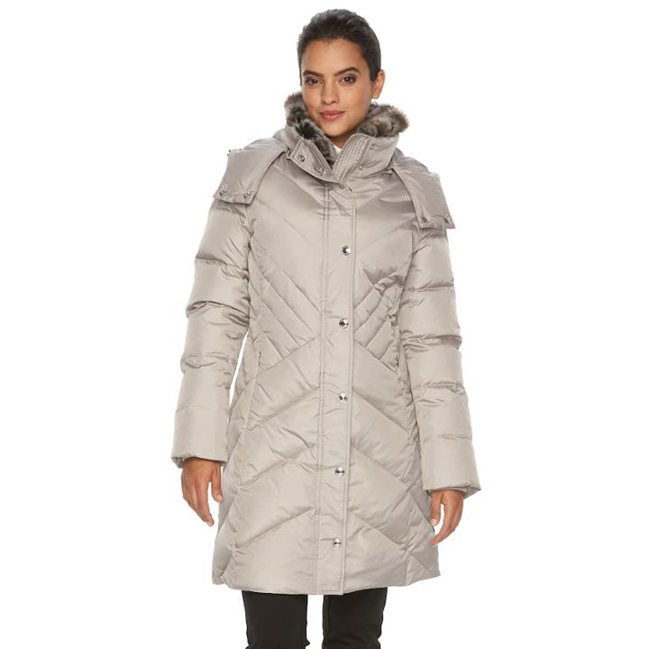 Women's Towne By London Fog Missy Hooded Puffer Jacket, Size: Small, Light Grey