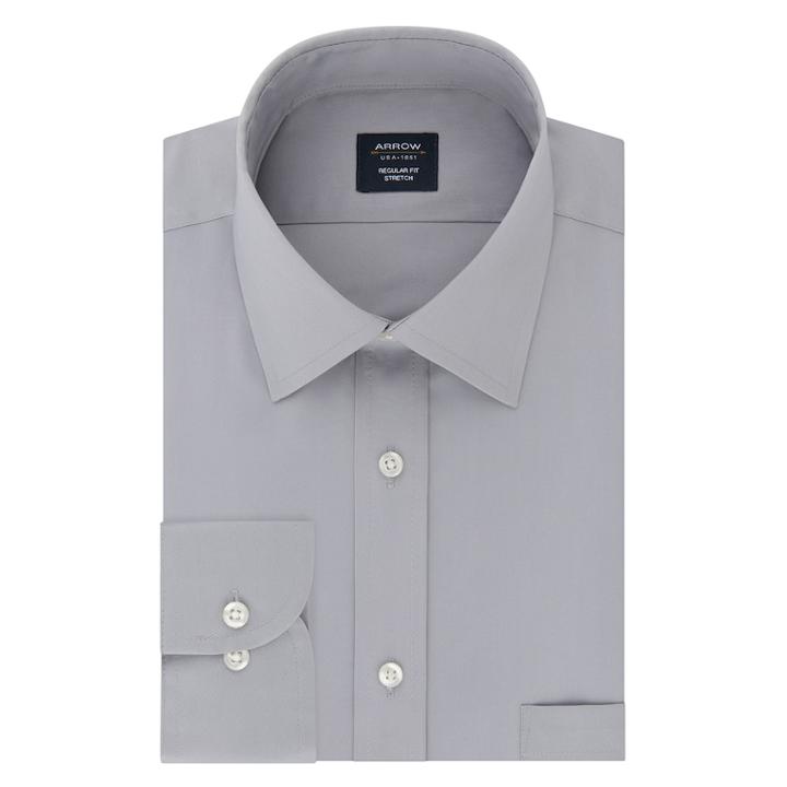 Men's Arrow Regular-fit Stretch Spread-collar Dress Shirt, Size: L-32/33, Light Grey