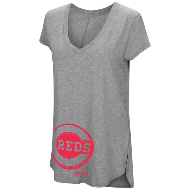 Women's Under Armour Cincinnati Reds Pride Hem Graphic Tee, Size: Small, Med Grey