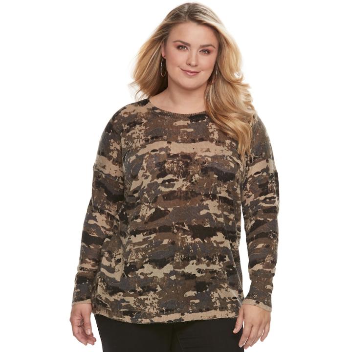 Plus Size Rock & Republic&reg; Print Crewneck Sweater, Women's, Size: 3xl, Dark Green