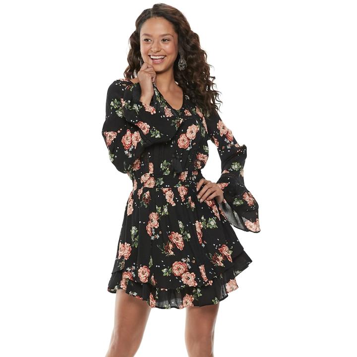 Juniors' American Rag Floral Tiered Peasant Dress, Teens, Size: Xl, Black