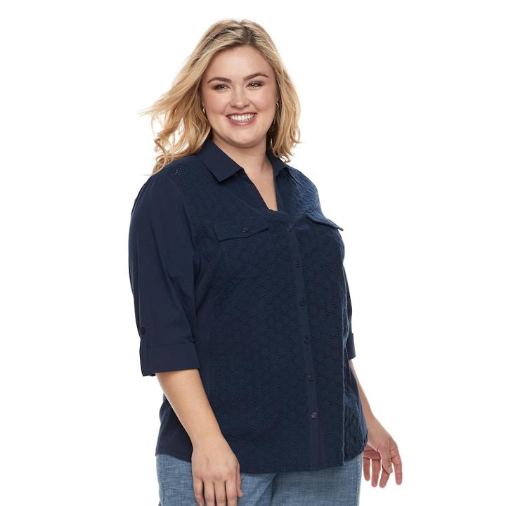 Plus Size Croft & Barrow&reg; Knit-to-fit Roll-tab Shirt, Women's, Size: 3xl, Blue