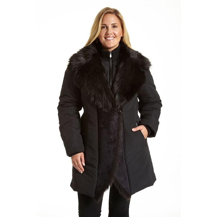 Plus Size Excelled Shawl-collar Faux-shearling Jacket, Women's, Size: 2xl, Black