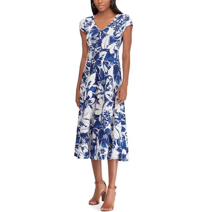 Petite Chaps Print Short Sleeve Jersey Dress, Women's, Size: S Petite, Blue (navy)