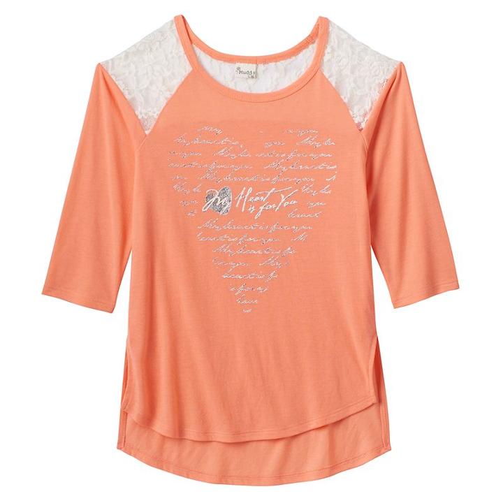 Girls 7-16 Mudd&reg; Raglan Lace High-low Graphic Tee, Girl's, Size: 16, Lt Orange