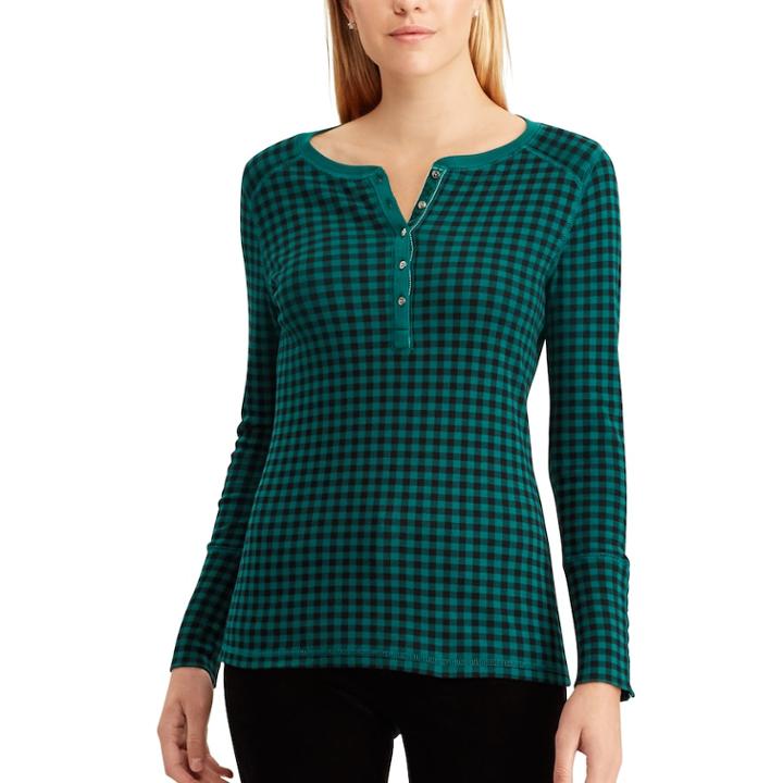 Petite Chaps Plaid Cotton Henley, Women's, Size: Xl Petite, Green
