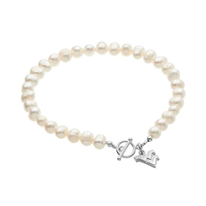 Dayna U West Virginia Mountaineers Sterling Silver Freshwater Cultured Pearl Logo Charm Bracelet, Women's, Size: 8, White