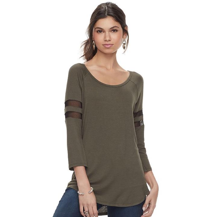 Juniors' Pink Rose Shirttail Mesh Sleeve Top, Teens, Size: Large, Green Oth