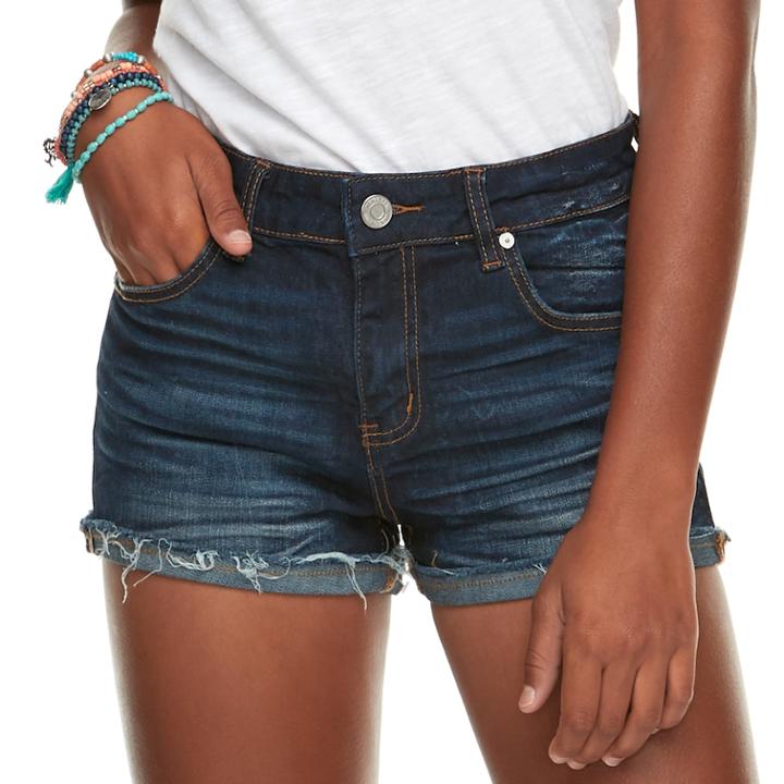 Juniors' Indigo Rein Mid-rise Frayed Denim Shorts, Teens, Size: 15, Dark Blue