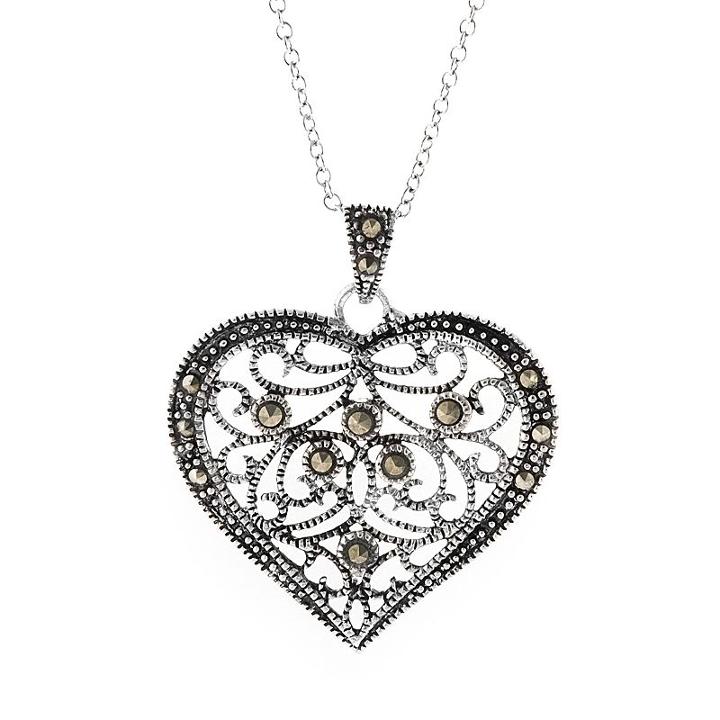 Silver Plated Marcasite Filigree Heart Pendant, Women's, Size: 18, Black