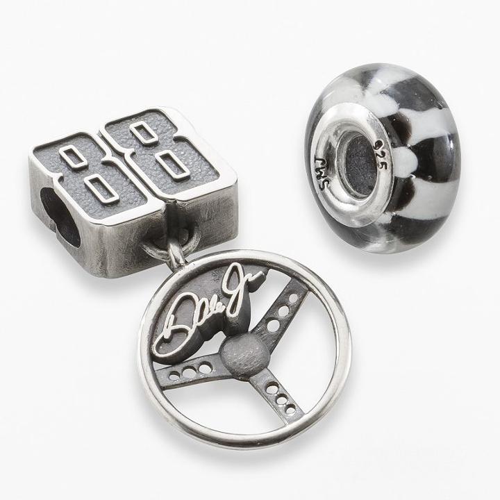 Insignia Collection Nascar Dale Earnhardt Jr. Sterling Silver 88 Charm And Checkered Flag Bead Set, Women's, Grey