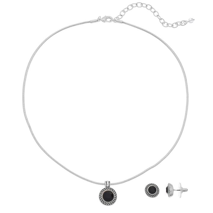 Napier Textured Halo Round Pendant Necklace & Stud Earring Set, Women's, Black