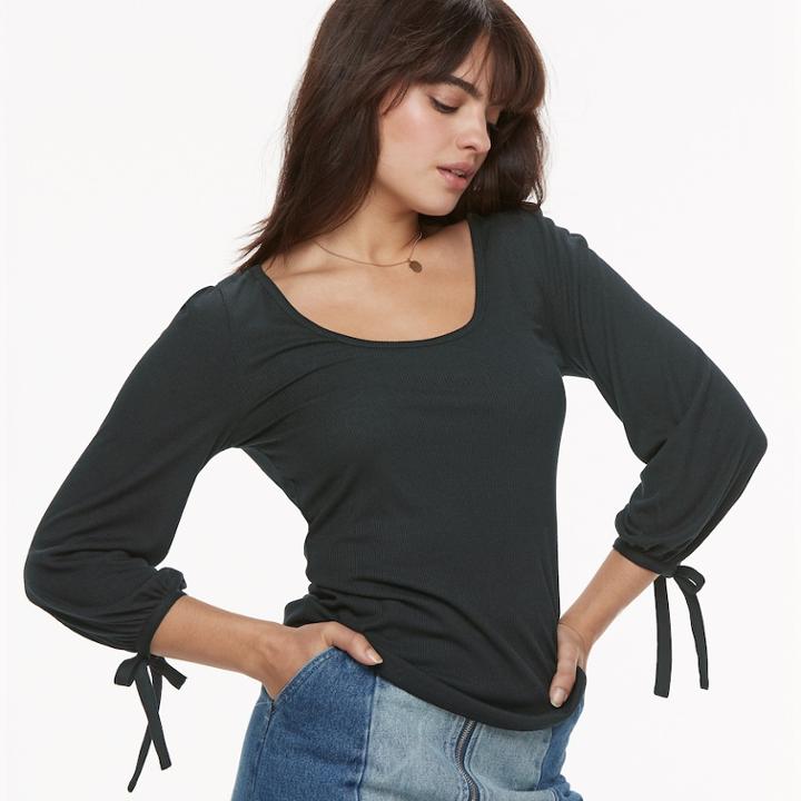 K/lab Solid Tie Sleeve Ribbed Top, Teens, Size: Medium, Black