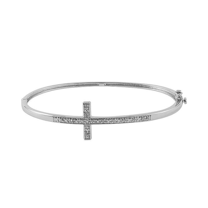 1/10 Carat T.w. Diamond Sterling Silver Sideways Cross Bangle Bracelet, Women's, White