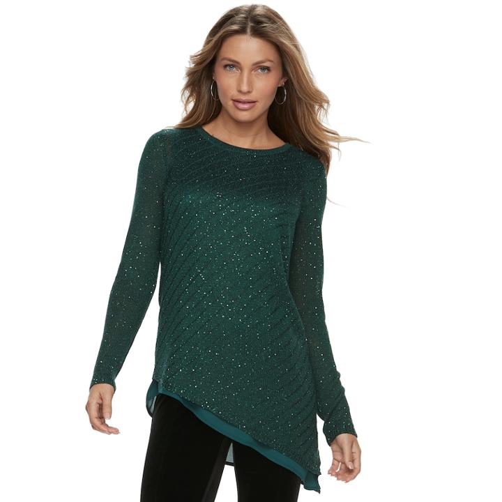 Women's Apt. 9&reg; Asymmetrical Sequin Crewneck Sweater, Size: Xxl, Green