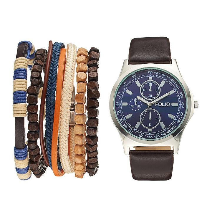 Folio Men's Watch & Bracelet Set, Size: Large, Brown