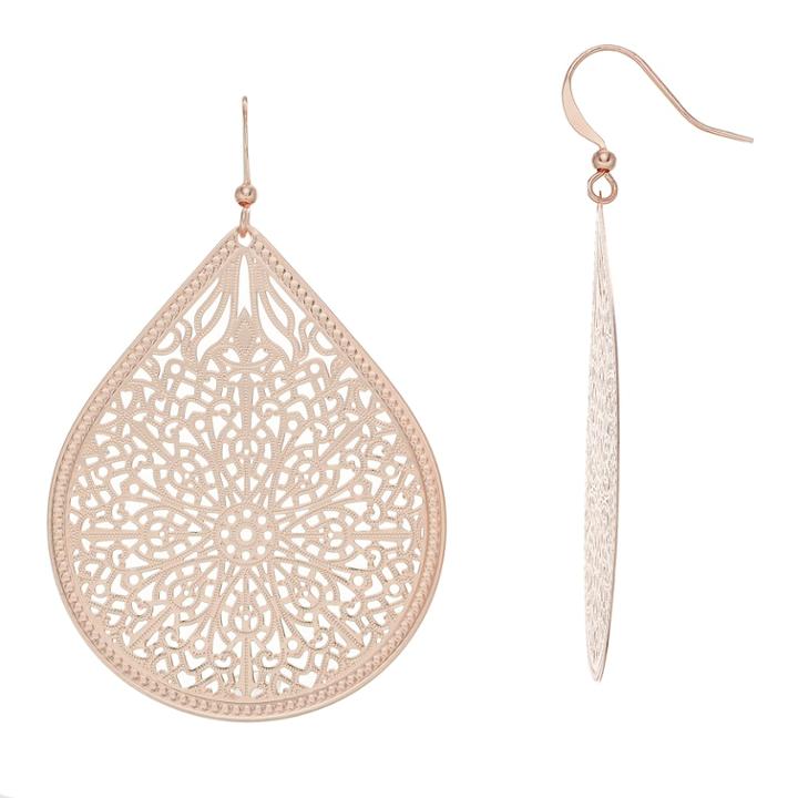 Rose Gold Tone Filigree Nickel Free Teardrop Earrings, Women's, Pink