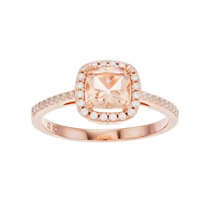 14k Rose Gold Over Silver Simulated Morganite & Cubic Zirconia Square Halo Ring, Women's, Size: 8, Pink