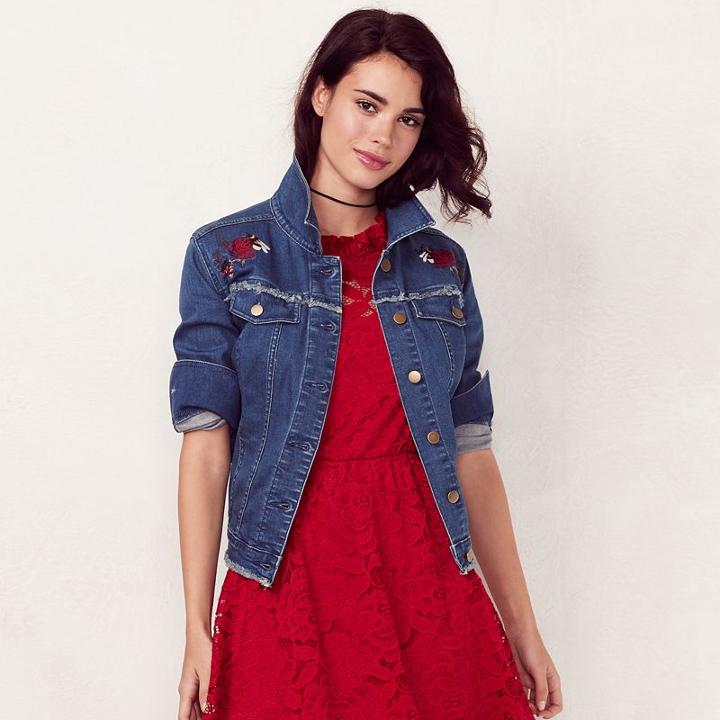 Women's Lc Lauren Conrad Embroidered Jean Jacket, Size: Medium, Dark Blue