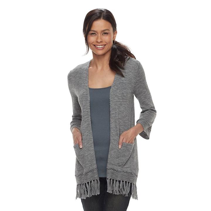 Petite Sonoma Goods For Life&trade; Pointelle Fringe-hem Cardigan, Women's, Size: L Petite, Dark Grey