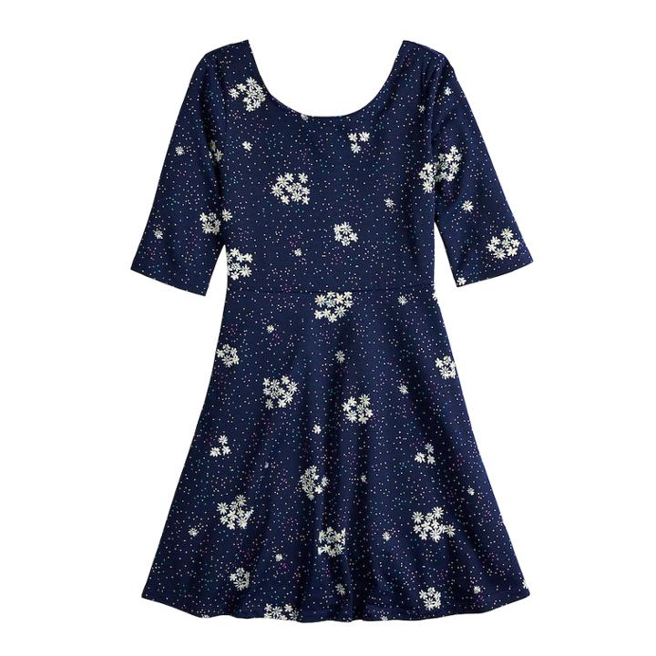 Girls 7-16 & Plus Size So&reg; Elbow Sleeve Graphic Print Skater Dress, Size: 12 1/2, Dark Blue