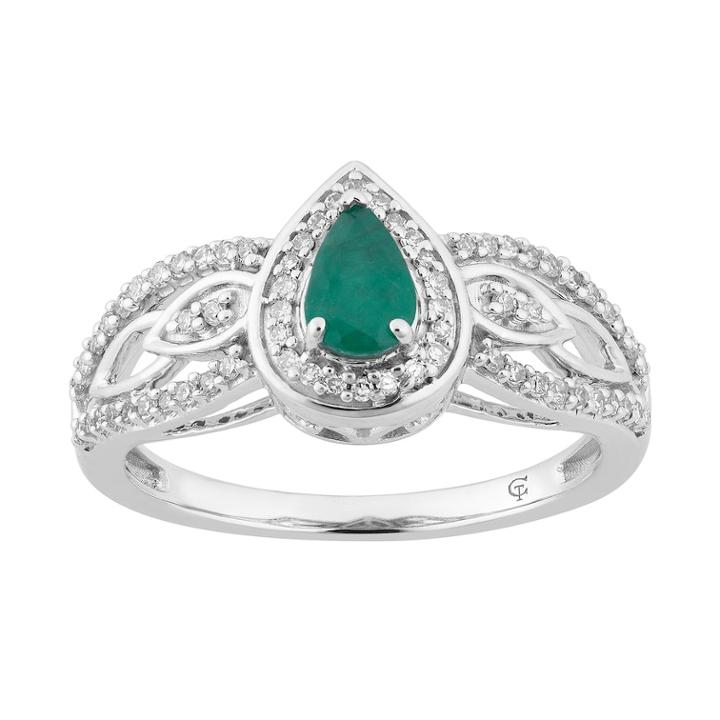 10k White Gold Emerald & 1/4 Carat T.w. Diamond Teardrop Ring, Women's, Size: 8, Green