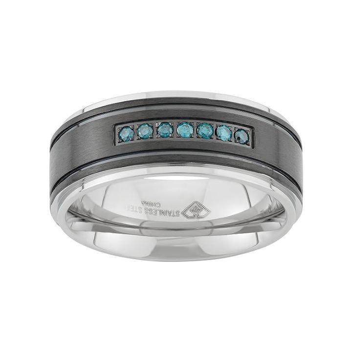 1/6 Carat T.w. Blue Diamond Two Tone Stainless Steel Wedding Band - Men, Size: 7