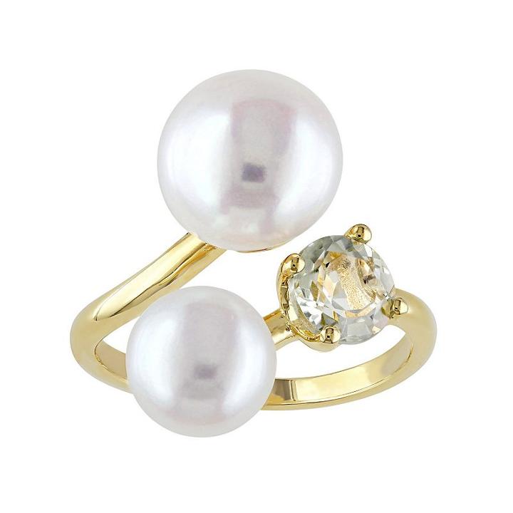 Sterling Silver Freshwater Cultured Pearl & Green Quartz Bypass Ring, Women's, Size: 8