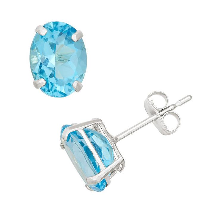 Swiss Blue Topaz 10k White Gold Oval Stud Earrings, Women's
