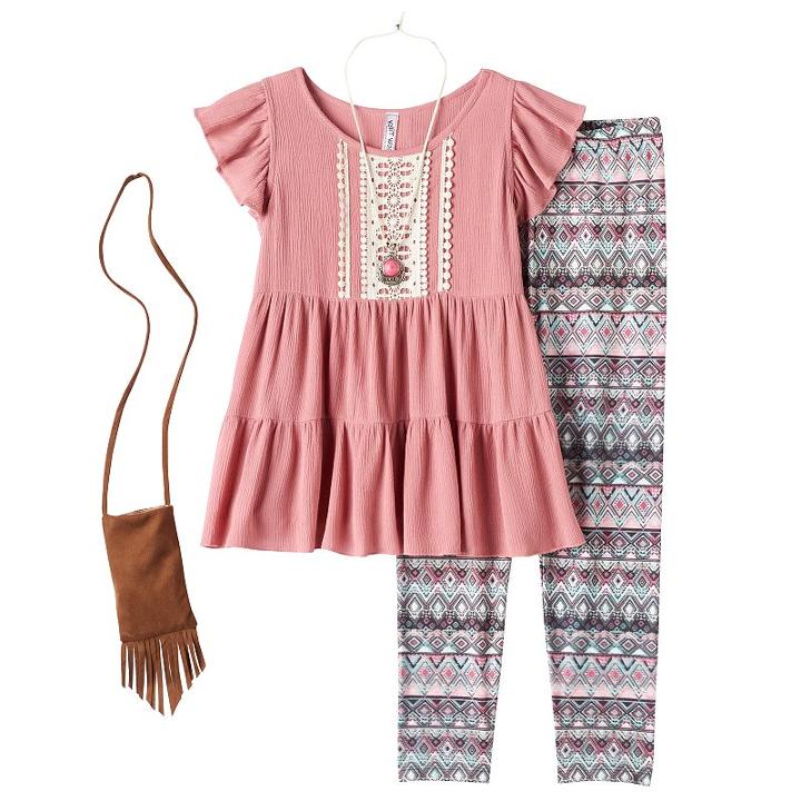 Girls 7-16 & Plus Size Knitworks Ruffle Tunic & Patterned Leggings Set With Necklace & Crossbody Purse, Size: Xxl Plus, Lt Orange