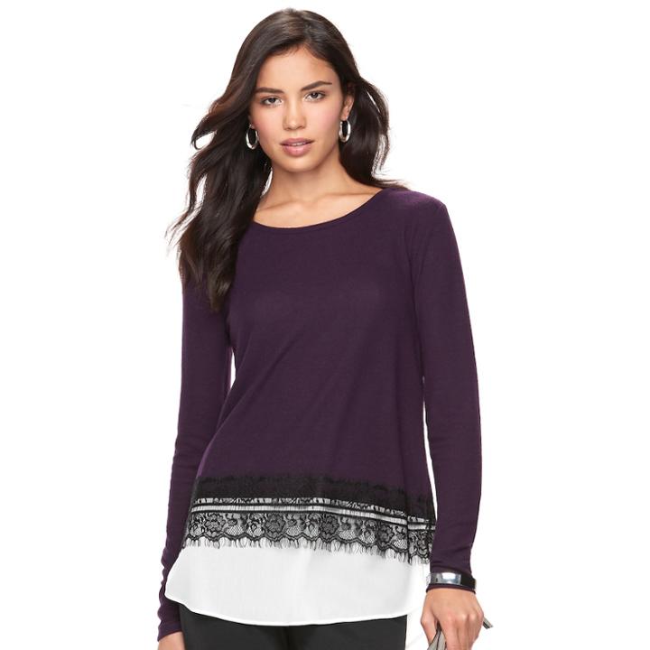Women's Elle&trade; Lace Trim Mock-layer Top, Size: Large, Purple