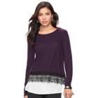 Women's Elle&trade; Lace Trim Mock-layer Top, Size: Large, Purple