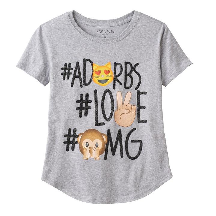 Plus Size Girls 7-16 #adorbs, #love & #omg Emoji Glitter Graphic Tee, Girl's, Size: Xxl Plus, Med Grey